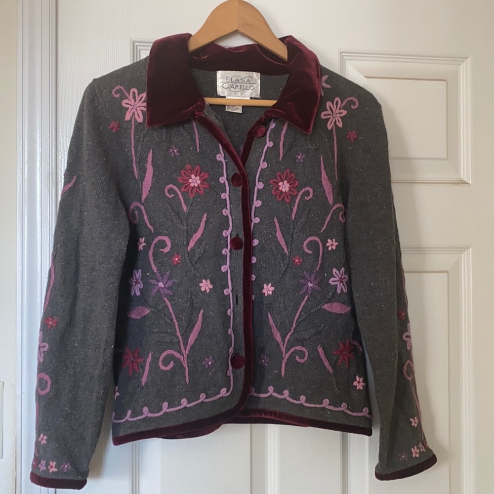 Elana Carello Embroidered Cardigan, S, Grey/floral
